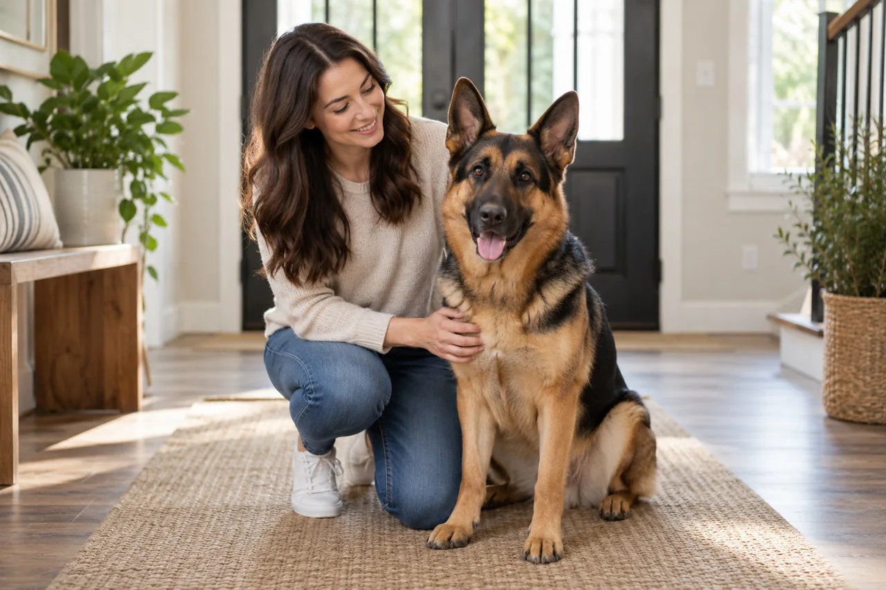 Owner sitting beside a black-and-tan dog at home